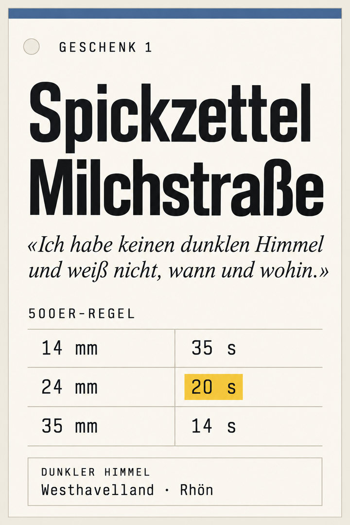 Geschenk 1: Spickzettel Milchstraße – 500er-Regel nach Objektiv, Saison der Milchstraße, Nachtplan und Orte mit dunklem Himmel in Deutschland (Westhavelland, Rhön)