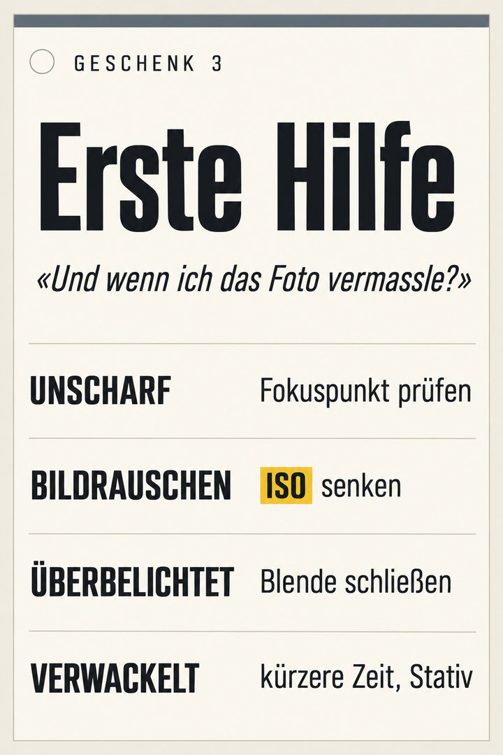 Geschenk 3: Erste Hilfe – Seite für die Tasche: unscharf → was prüfen, verrauscht → was senken, überbelichtet → was korrigieren, verwackelt → was verkürzen