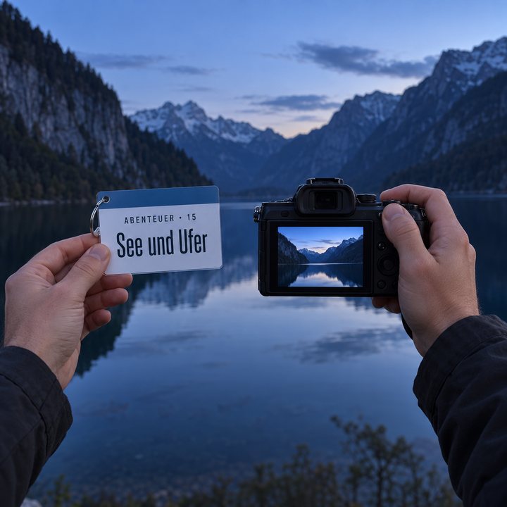 Hände halten eine Kamera am Königssee nach Sonnenuntergang, in der anderen Hand ein Spickzettel «See und Ufer»