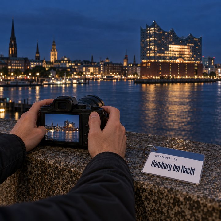 Hände stützen eine Kamera auf eine Steinmauer, im Hintergrund die beleuchtete Elbphilharmonie in Hamburg, daneben der Spickzettel «Hamburg bei Nacht»