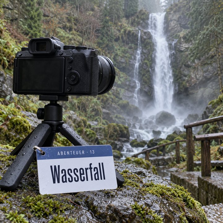 Kamera auf einem kleinen Stativ an den Triberger Wasserfällen im Schwarzwald, am Stativ lehnt der Spickzettel «Wasserfall»