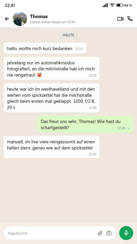 Ein Hobbyfotograf schreibt, dass ihm die Milchstraße beim ersten Mal mit den Werten vom Spickzettel gelungen ist