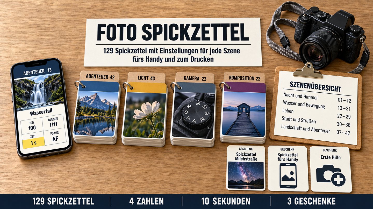 Das ganze Set auf dem Tisch: Handy mit einem Spickzettel, 129 Spickzettel nach Szene, die Szenenübersicht und 3 Geschenke neben einer Kamera