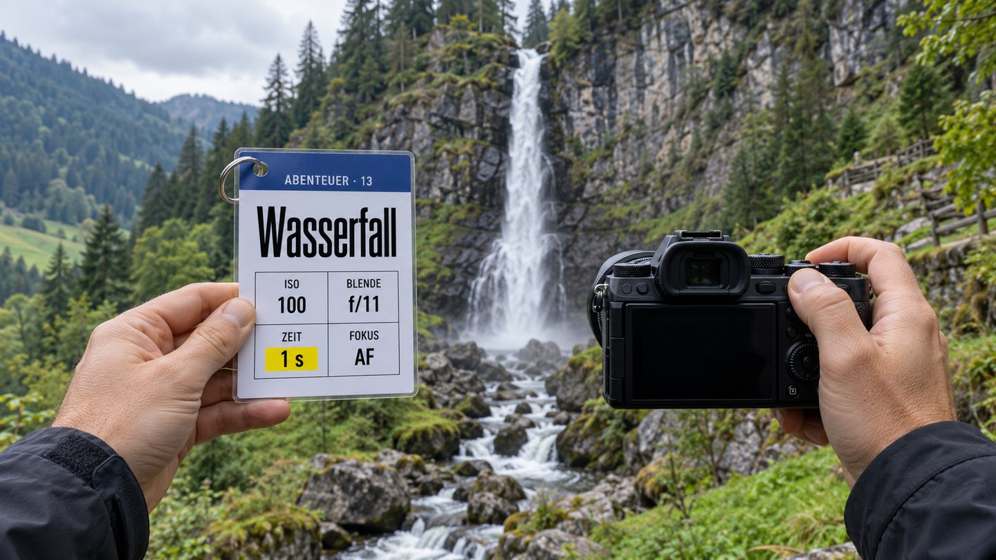 Hände halten eine Kamera vor einem Wasserfall, in der anderen Hand ein Spickzettel «Wasserfall» mit vier Werten