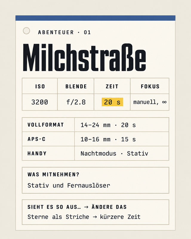 Abenteuer 01, Milchstraße: vier Werte und drei Spalten